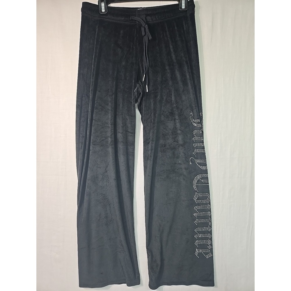 Juicy Couture Women's M Black Velour Pants With Stud Logo Drawstring Wide Leg